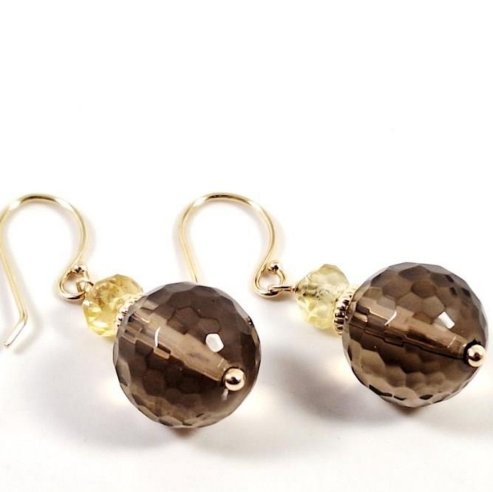 14K Gold Smokey Quartz Earrings